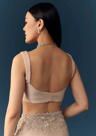 Peach Tissue Organza Cutwork Saree with Unstitched Blouse Fabric