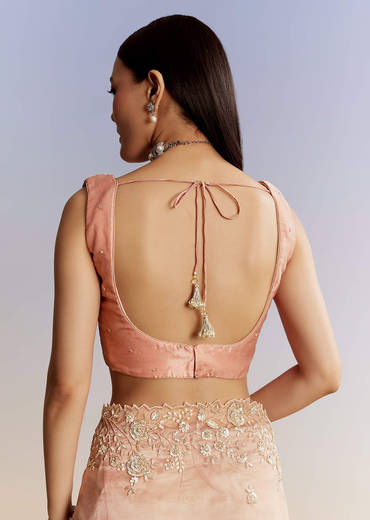 Peach Tissue Saree With Floral Moti And Cutdana Embroidery