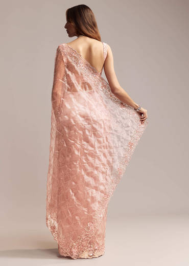 Peach Tissue Saree With Geometric Embroidery