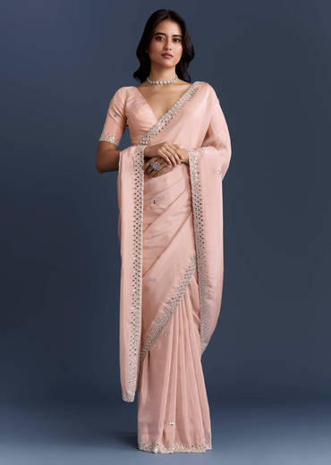 Peach Tissue Saree With Heavy Hand Embroidery