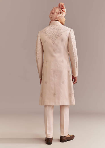 Peach Tissue Sherwani For Groom With Tonal Embroidery