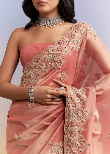 Peach Tissue Silk Saree With Heavy Hand Embroidery