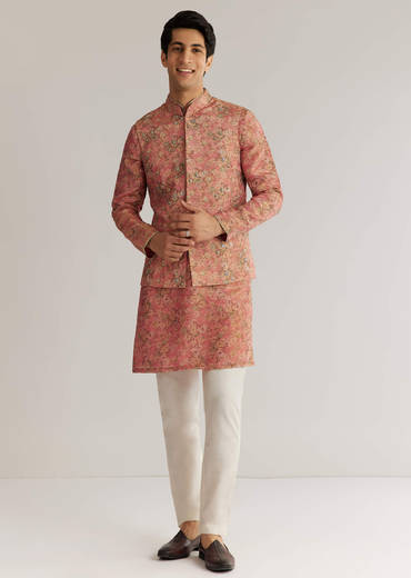 Peach Tissue Stone Sequin Work Kurta Jacket Set