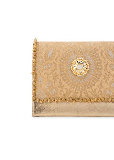 Peach Zari and Kundan Embellished Flap Bag