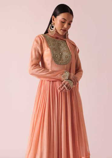 Peach Chiffon Embroidered Anarkali With Dupatta