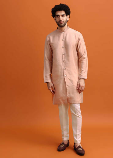 Peach Embroidered Kurta Jacket Set For Men