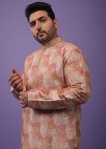 Peach Kurta Set With Print And Brocade Weave Buttis In Bangalore Silk