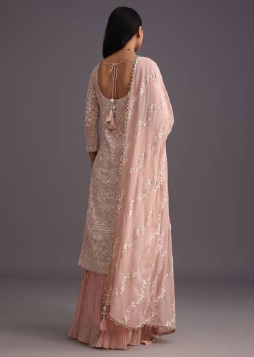 Peach Lucknowi Work Kurta Set With Flared Palazzo And Resham Dupatta