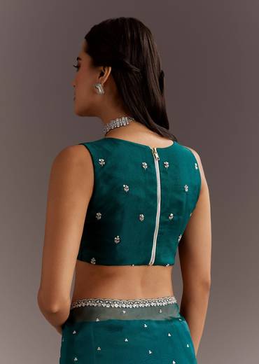 Teal Green Glass Tissue Saree With Cutdana And Sequins Scallop Border