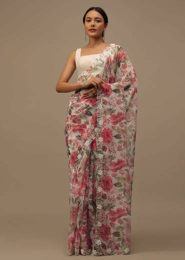 Pearl White Embroidered Organza Saree With Floral Print And Scallop Borders