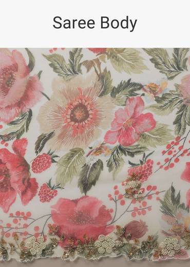 Pearl White Embroidered Organza Saree With Floral Print And Scallop Borders