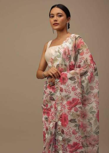 Pearl White Embroidered Organza Saree With Floral Print And Scallop Borders
