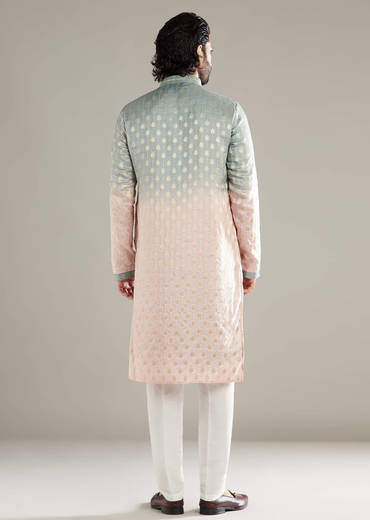Pink And Green Ombre Silk Kurta Set For Men With Foil Motifs