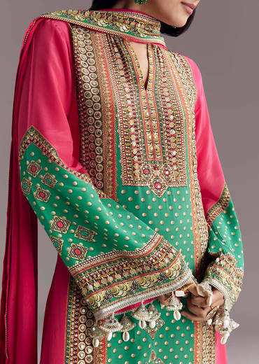Pink And Green Printed Kurta Palazzo Set