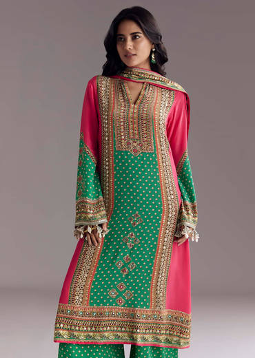 Pink And Green Printed Kurta Palazzo Set