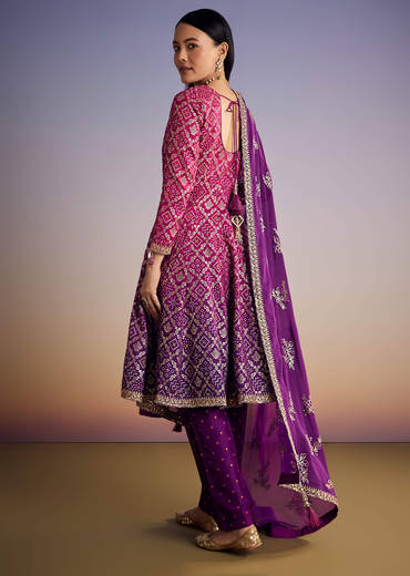 Pink And Purple Ombre Bandhani Anarkali Suit With Zardosi Neckline