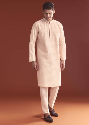 Pink Banarasi Silk Kurta Set For Men With Intricate Hand Work