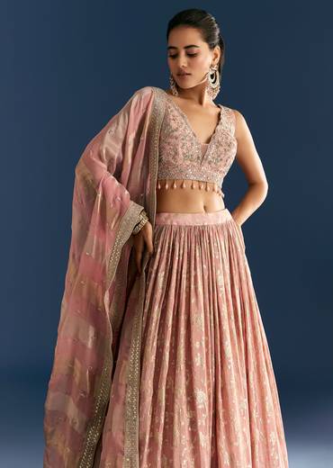 Pink Banarasi Tissue Lehenga Dupatta With Zardosi Choli