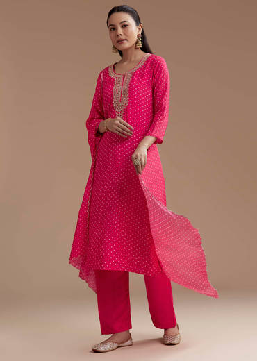 Pink Bandhani Printed Silk Kurta Set with Zari Work