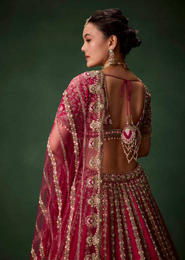 Pink Bridal Raw Silk Zardozi Lehenga Set with Two Dupattas
