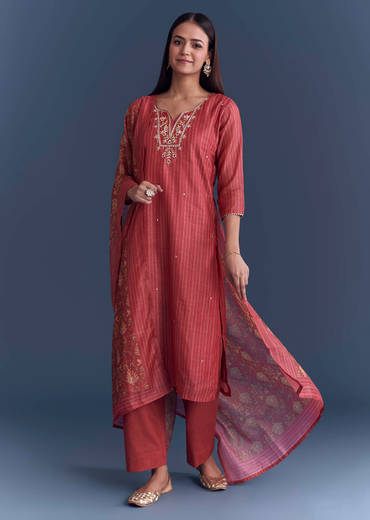 Pink Chanderi Kurta Set With Stripe Print And Gota Work