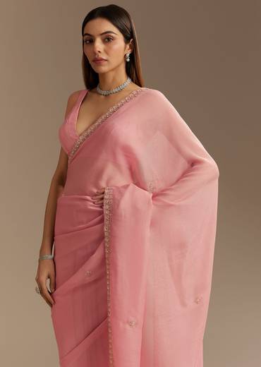 Pink Chinnon Saree With Cutdana Sequins Embroidery And Scallop Border