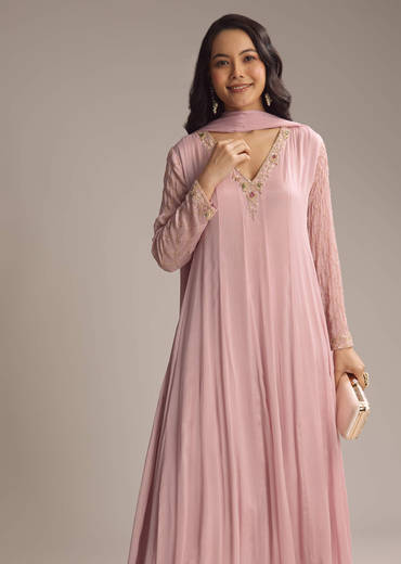 Pink Chinon Anarkali Suit With Cutdana And Sequins Work