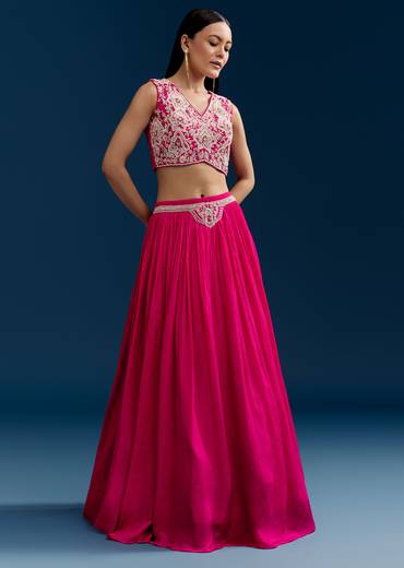 Pink Chinon Crop Top Cape Set With Embroidery