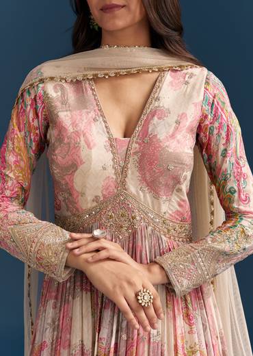 Pink Chinon Printed Anarkali Suit With Festive Flair