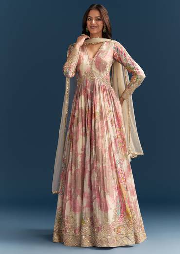 Pink Chinon Printed Anarkali Suit With Festive Flair