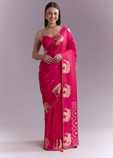 Pink Chinon Woven Saree With Elephant Motifs And Zari Work
