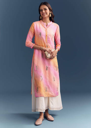 Pink Cotton Kurti With Leheriya Print And Gota Work