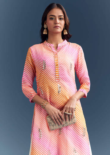 Pink Cotton Kurti With Leheriya Print And Gota Work