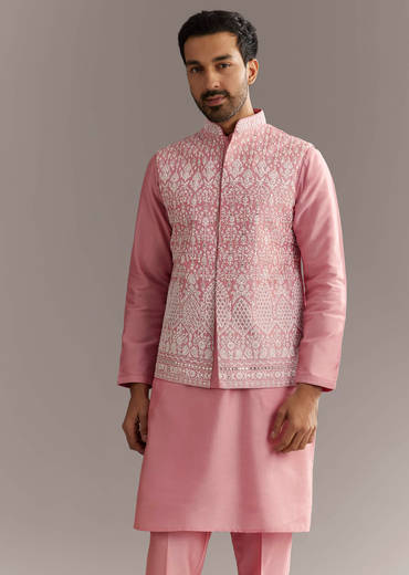 Pink Cotton Silk Jacket Kurta Set With Mirror And Dori Work