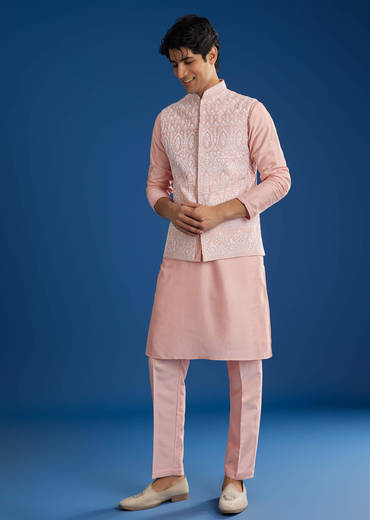 Pink Cotton Silk Jacket Kurta Set With Threadwork