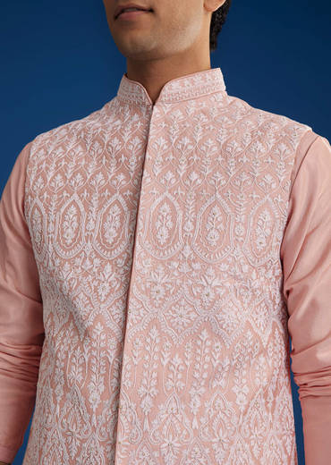 Pink Cotton Silk Jacket Kurta Set With Threadwork