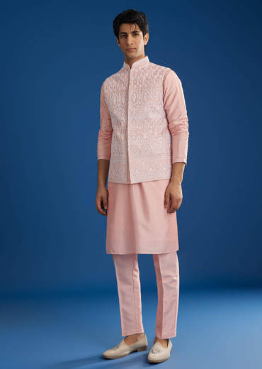 Pink Cotton Silk Jacket Kurta Set With Threadwork