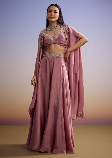 Pink Crepe Crop Top And Cape Set With Embroidery