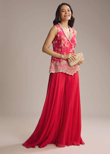 Pink Crepe Floral Printed Palazzo Suit With Mirror Work