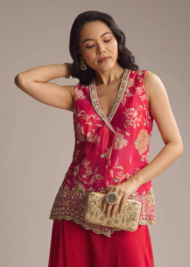Pink Crepe Floral Printed Palazzo Suit With Mirror Work