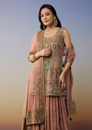 Pink Crepe Palazzo Suits with Gotta Lace Work