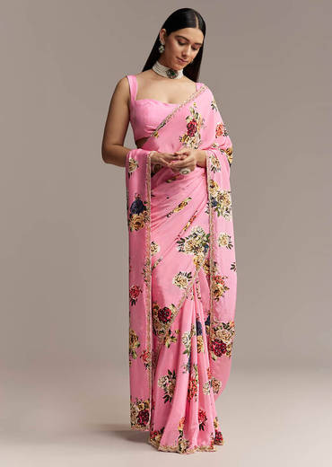 Pink Crepe Saree With Floral Digital Print And Sequin Border