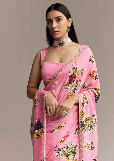 Pink Crepe Saree With Floral Digital Print And Sequin Border