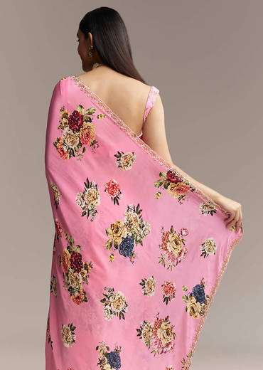 Pink Crepe Saree With Floral Digital Print And Sequin Border