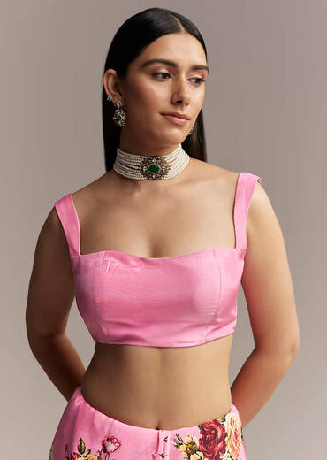 Pink Crepe Saree With Floral Digital Print And Sequin Border