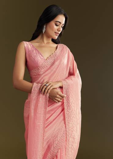 Pink Crepe Tissue Saree With Moti Beads And Cutdana Embroidery