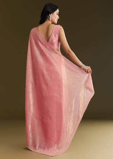 Pink Crepe Tissue Saree With Moti Beads And Cutdana Embroidery