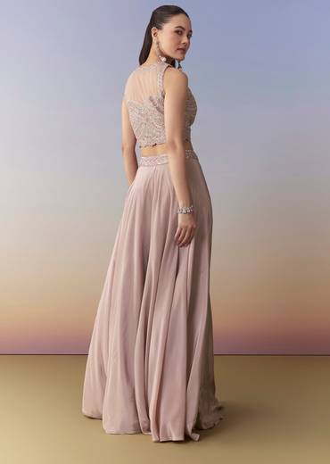 Pink Embellished Indo Western Crop Top Palazzo Set