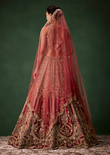 Pink Embroidered Bridal Raw Silk Lehenga Set with Two Dupattas