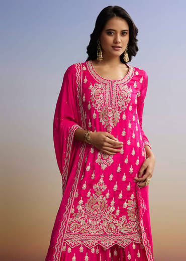 Pink Embroidered Palazzo Set In Chinon